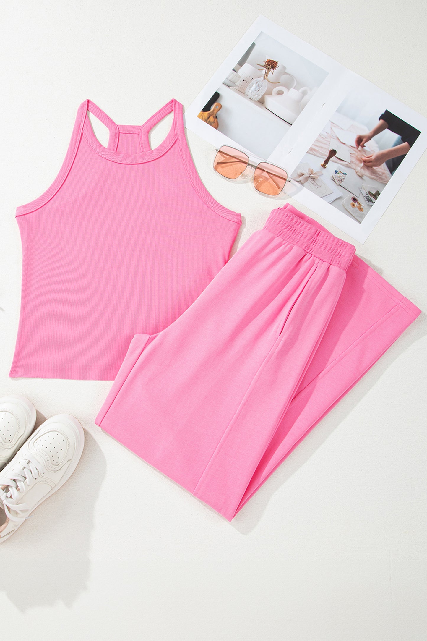Yellow Cream Slim Ribbed Tank Top and Sweatpants Set