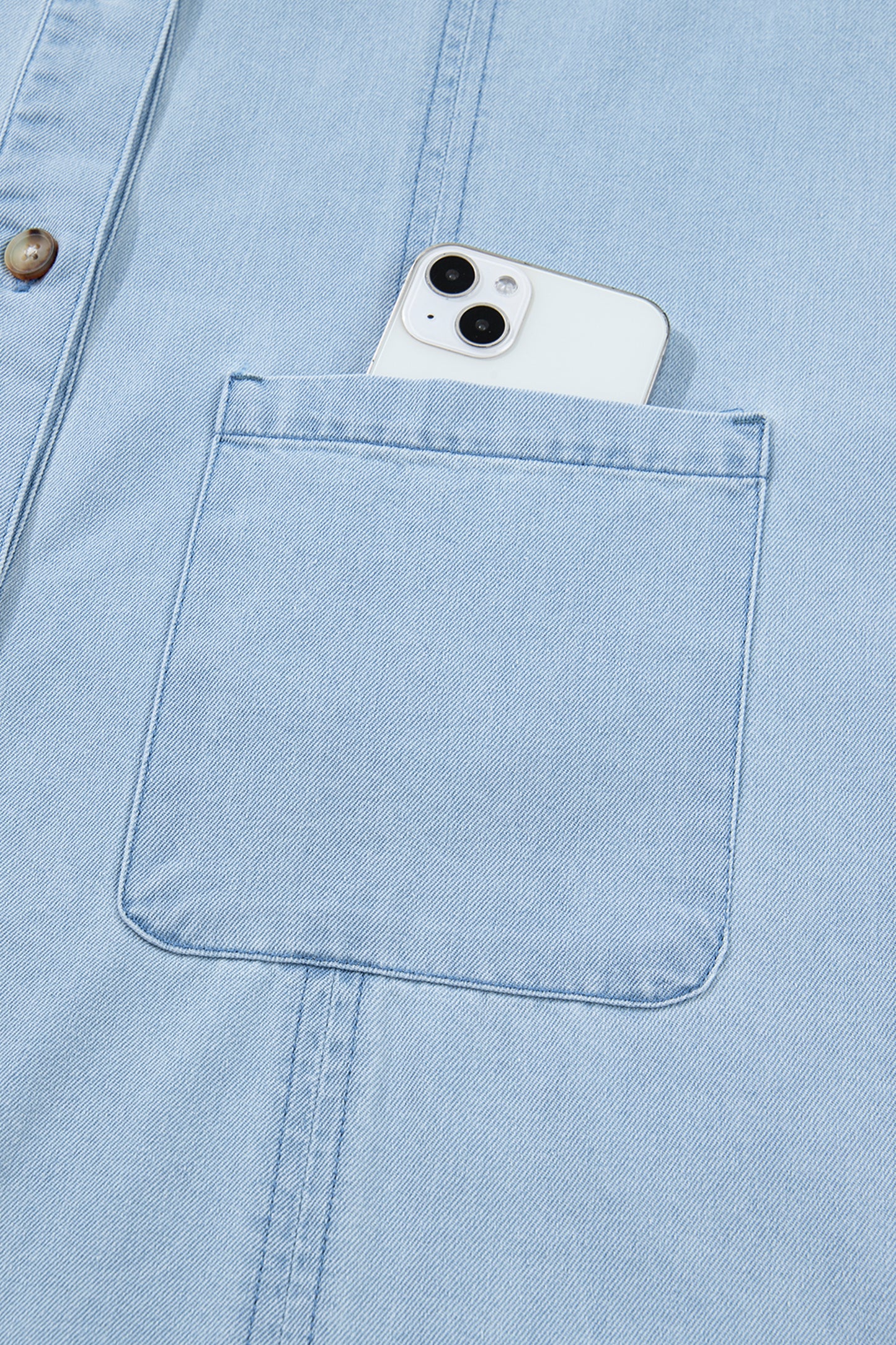 Sail Blue Ruffled Edge Collared Shift Denim Dress with Pockets