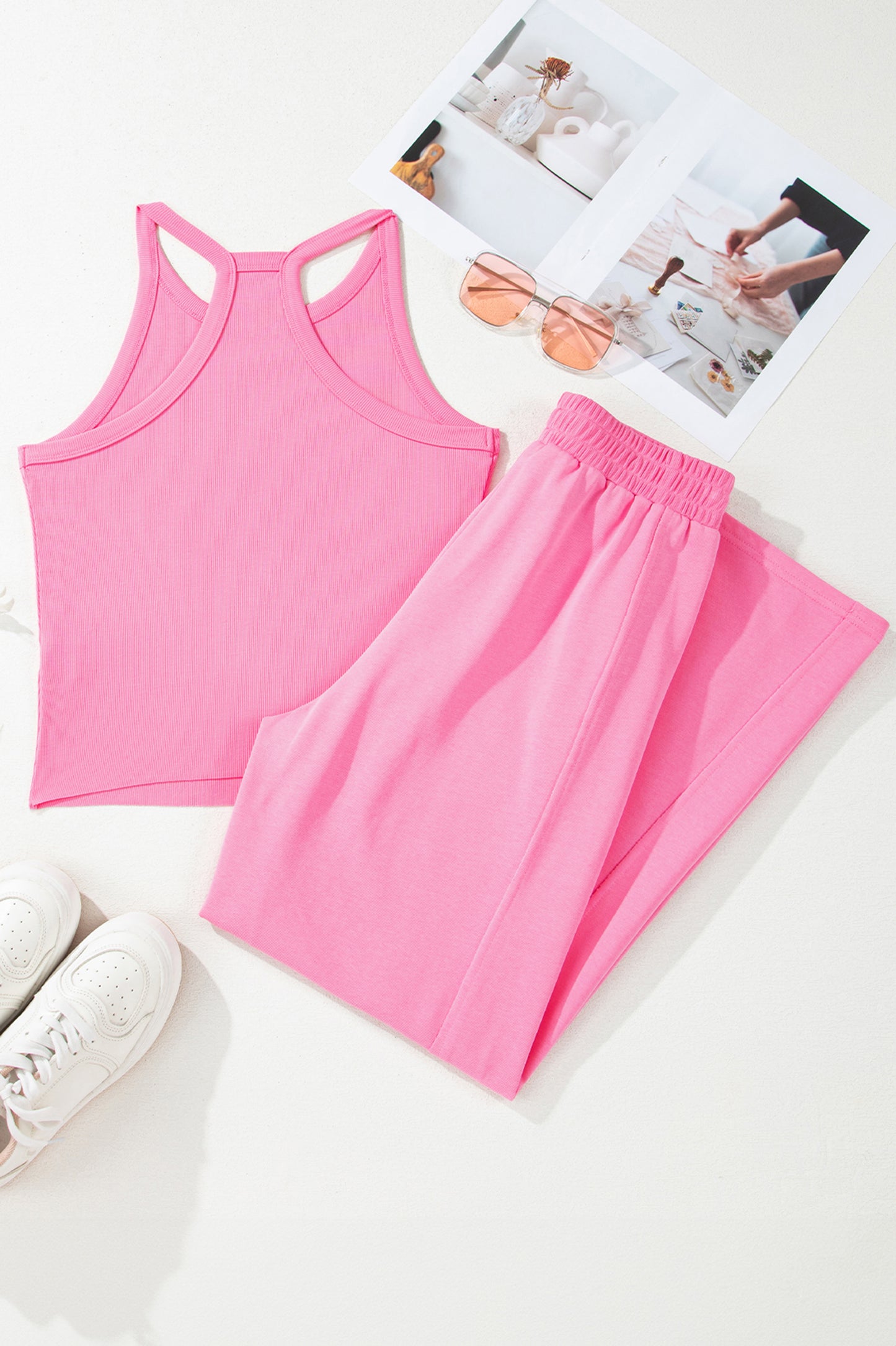 Yellow Cream Slim Ribbed Tank Top and Sweatpants Set