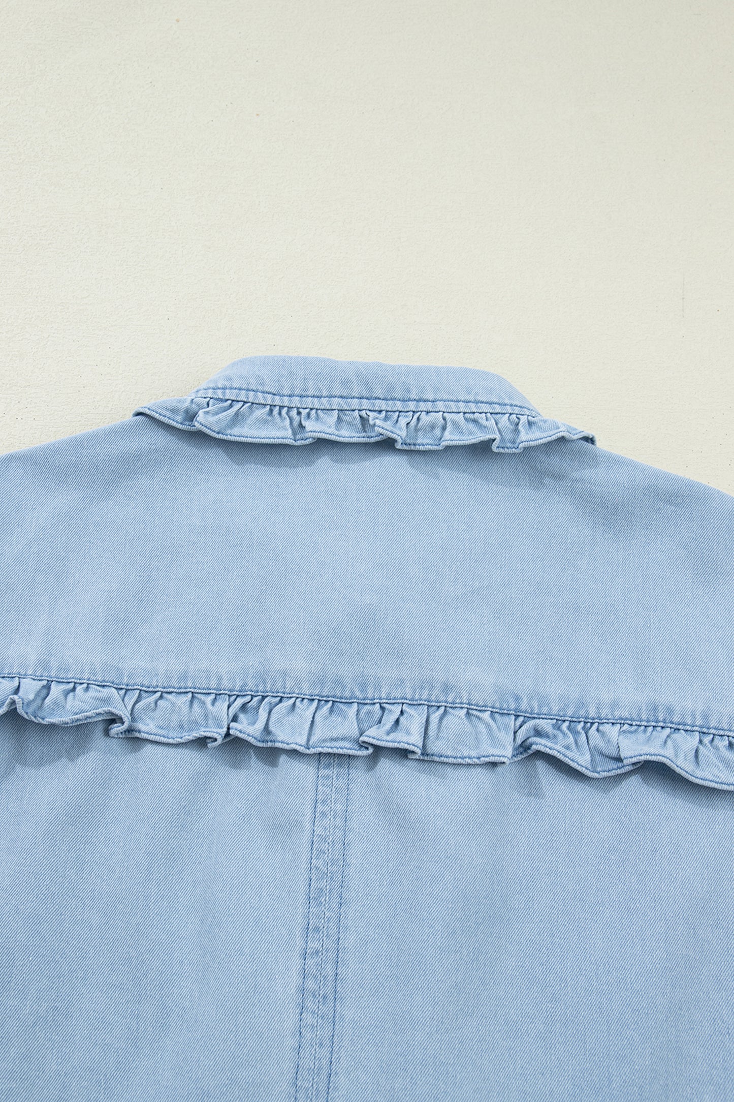 Sail Blue Ruffled Edge Collared Shift Denim Dress with Pockets