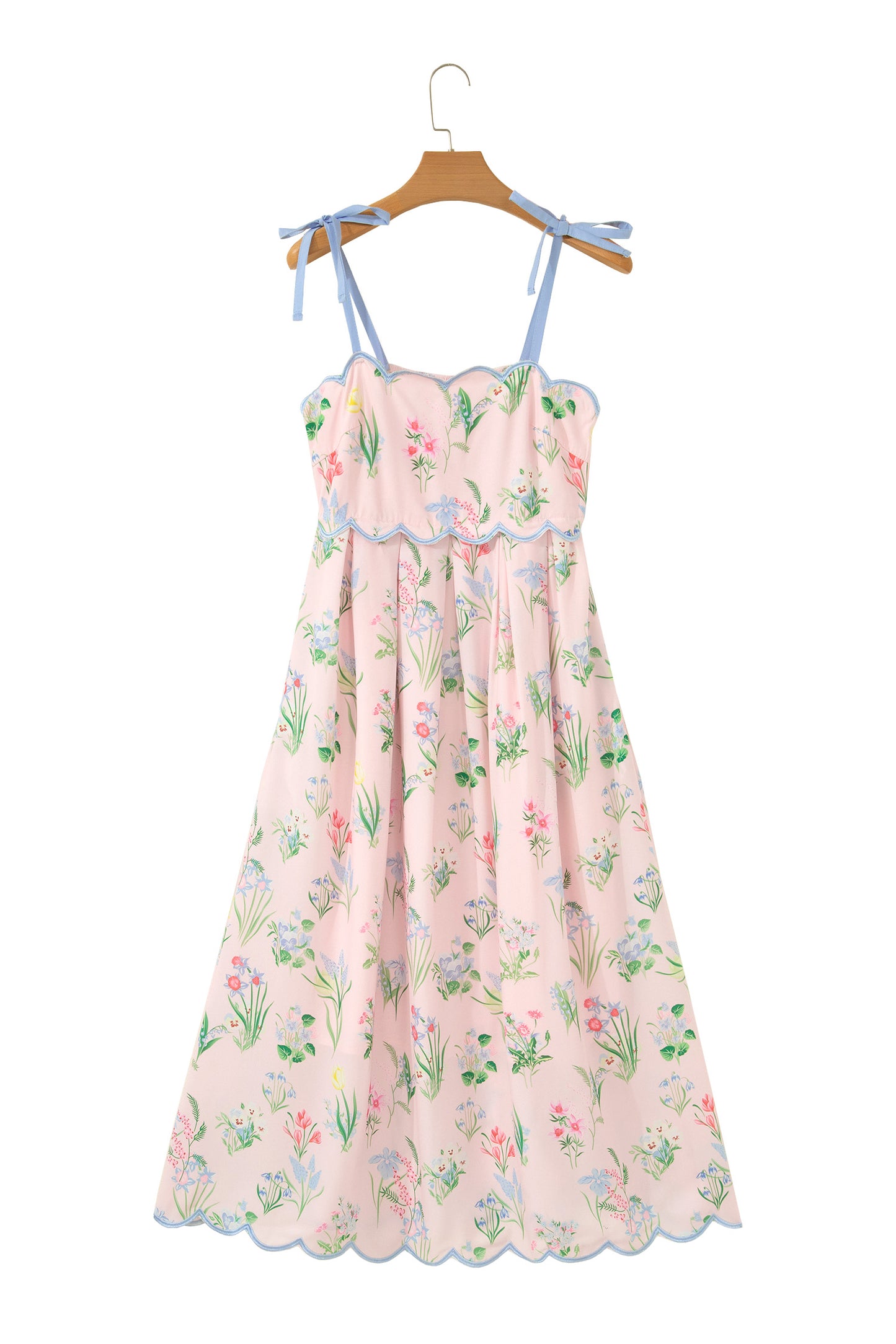 Yellow Floral Print Contrast Trim Self-tie Straps High Waist Midi Dress