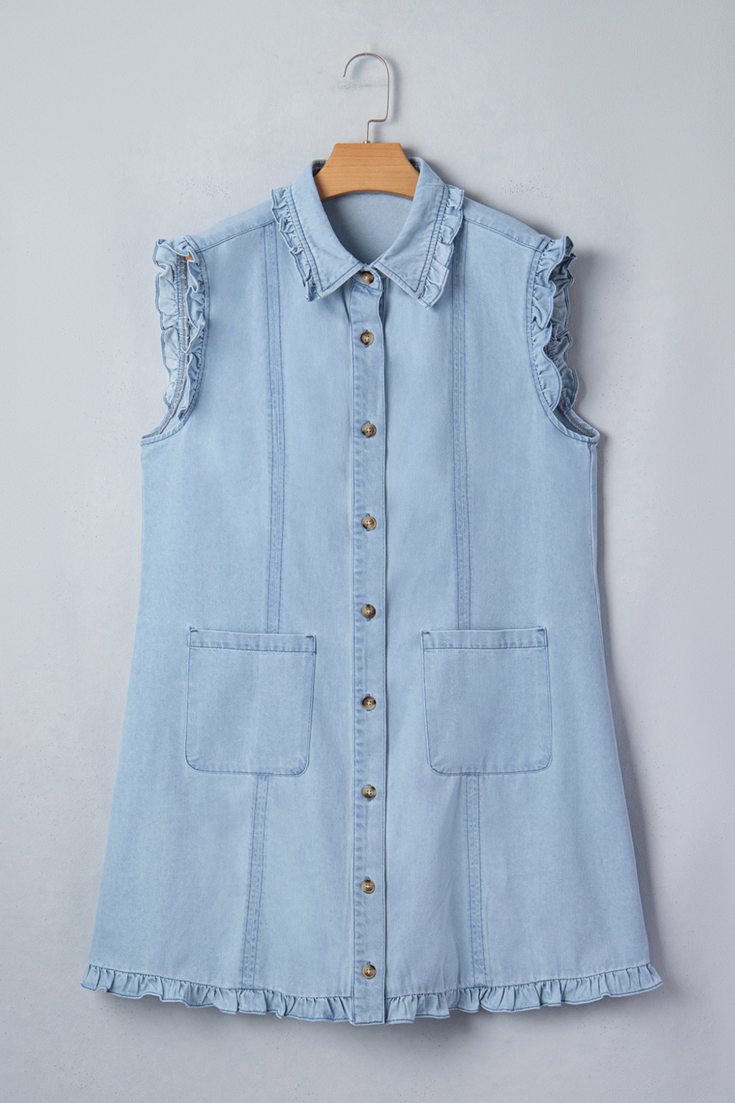Sail Blue Ruffled Edge Collared Shift Denim Dress with Pockets