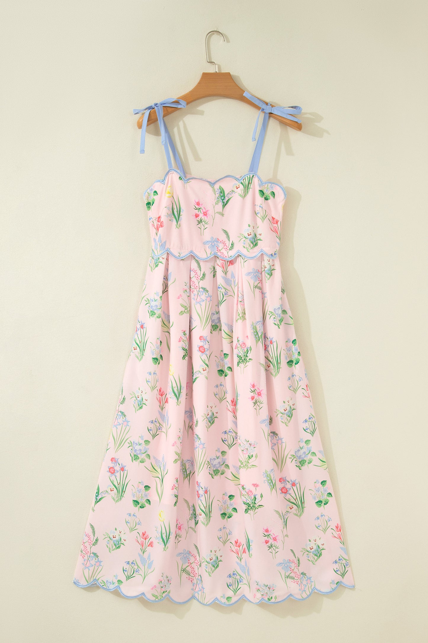 Yellow Floral Print Contrast Trim Self-tie Straps High Waist Midi Dress