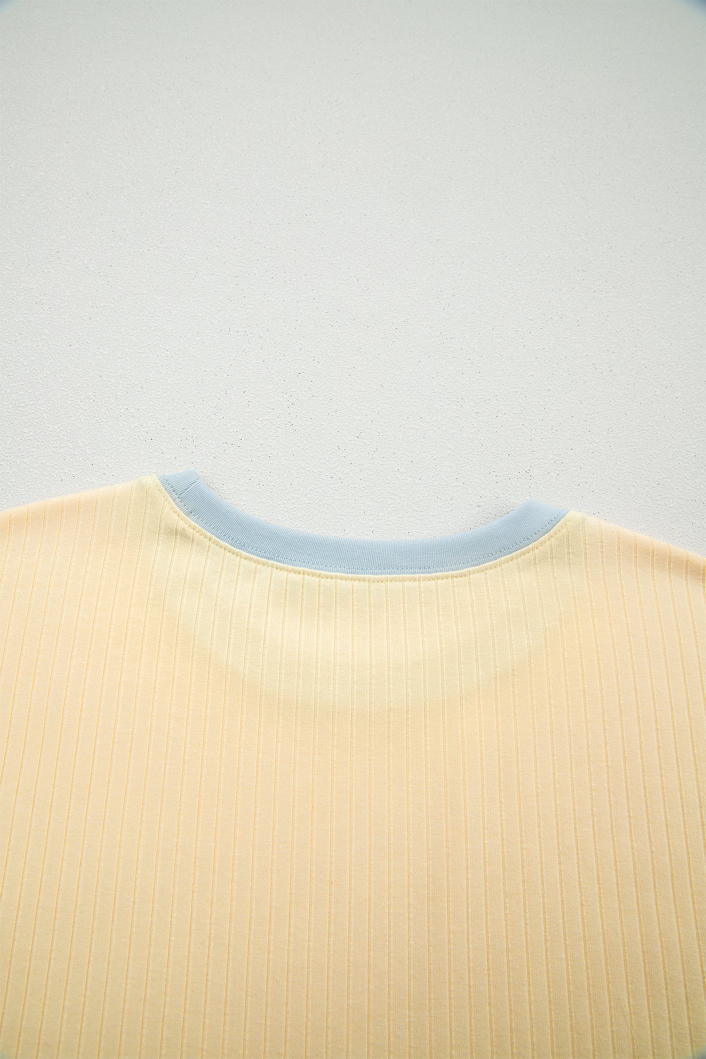 Yellow Cream Soft Ribbed Color Block Trim Casual Short Set