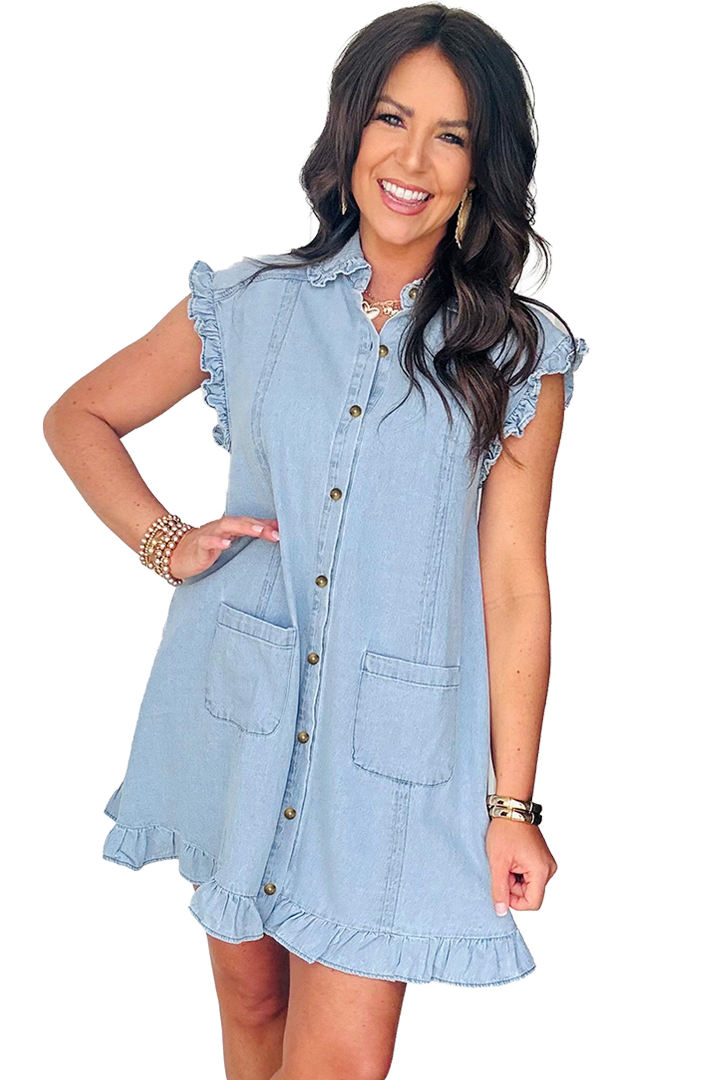 Sail Blue Ruffled Edge Collared Shift Denim Dress with Pockets