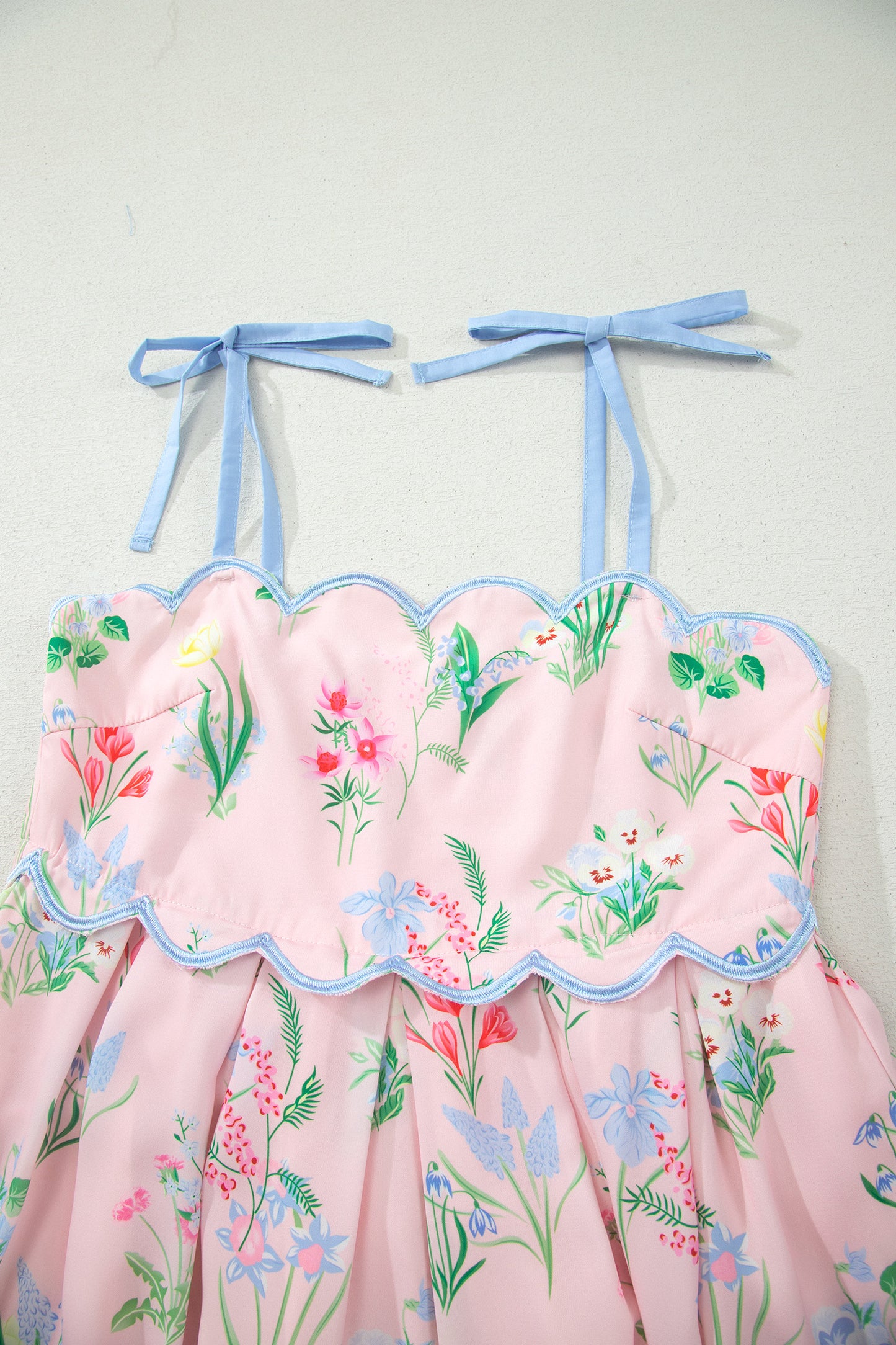 Yellow Floral Print Contrast Trim Self-tie Straps High Waist Midi Dress