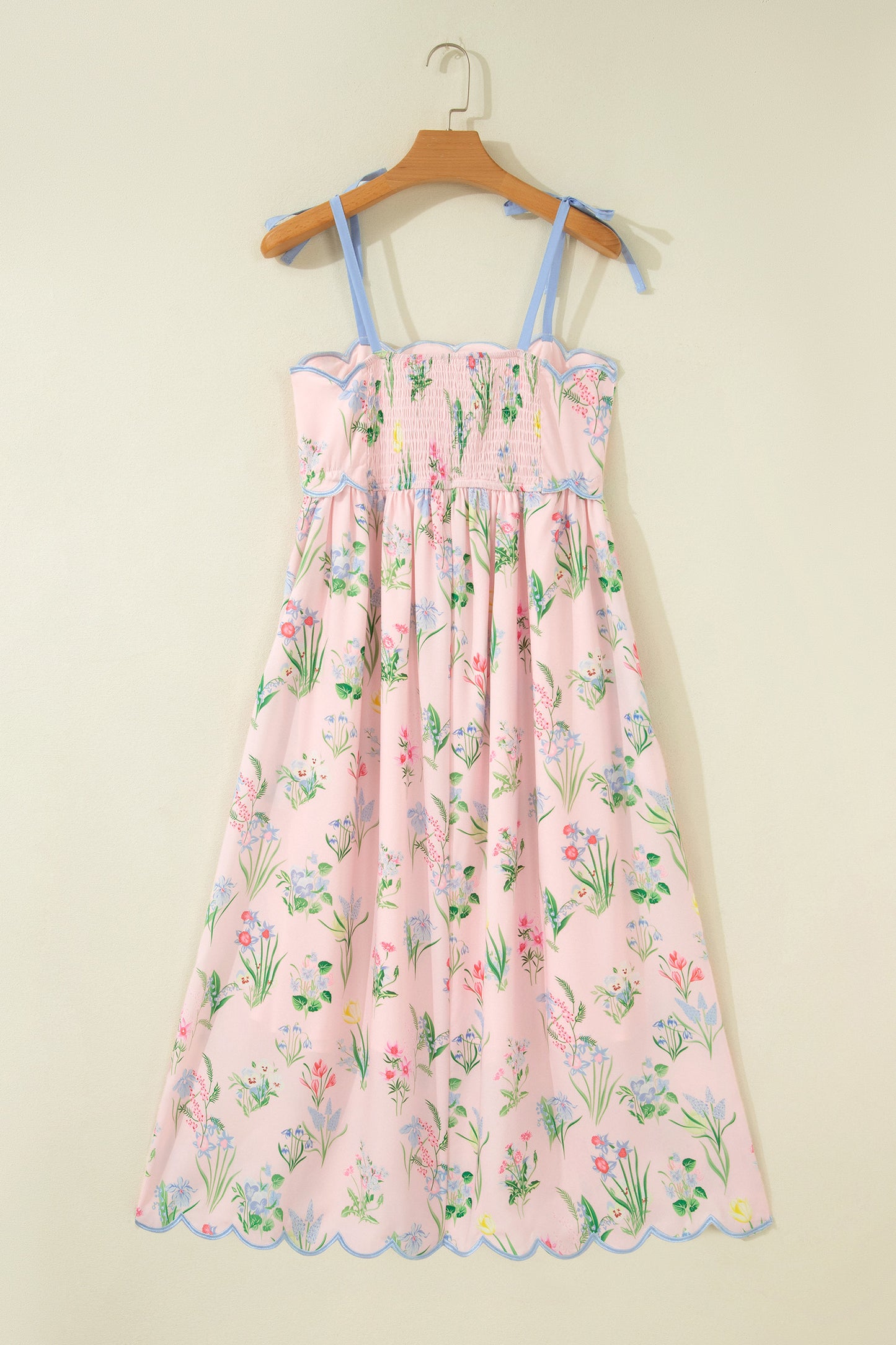 Yellow Floral Print Contrast Trim Self-tie Straps High Waist Midi Dress