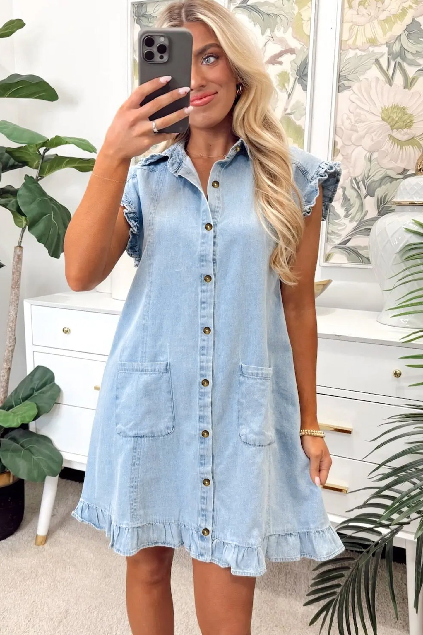 Sail Blue Ruffled Edge Collared Shift Denim Dress with Pockets