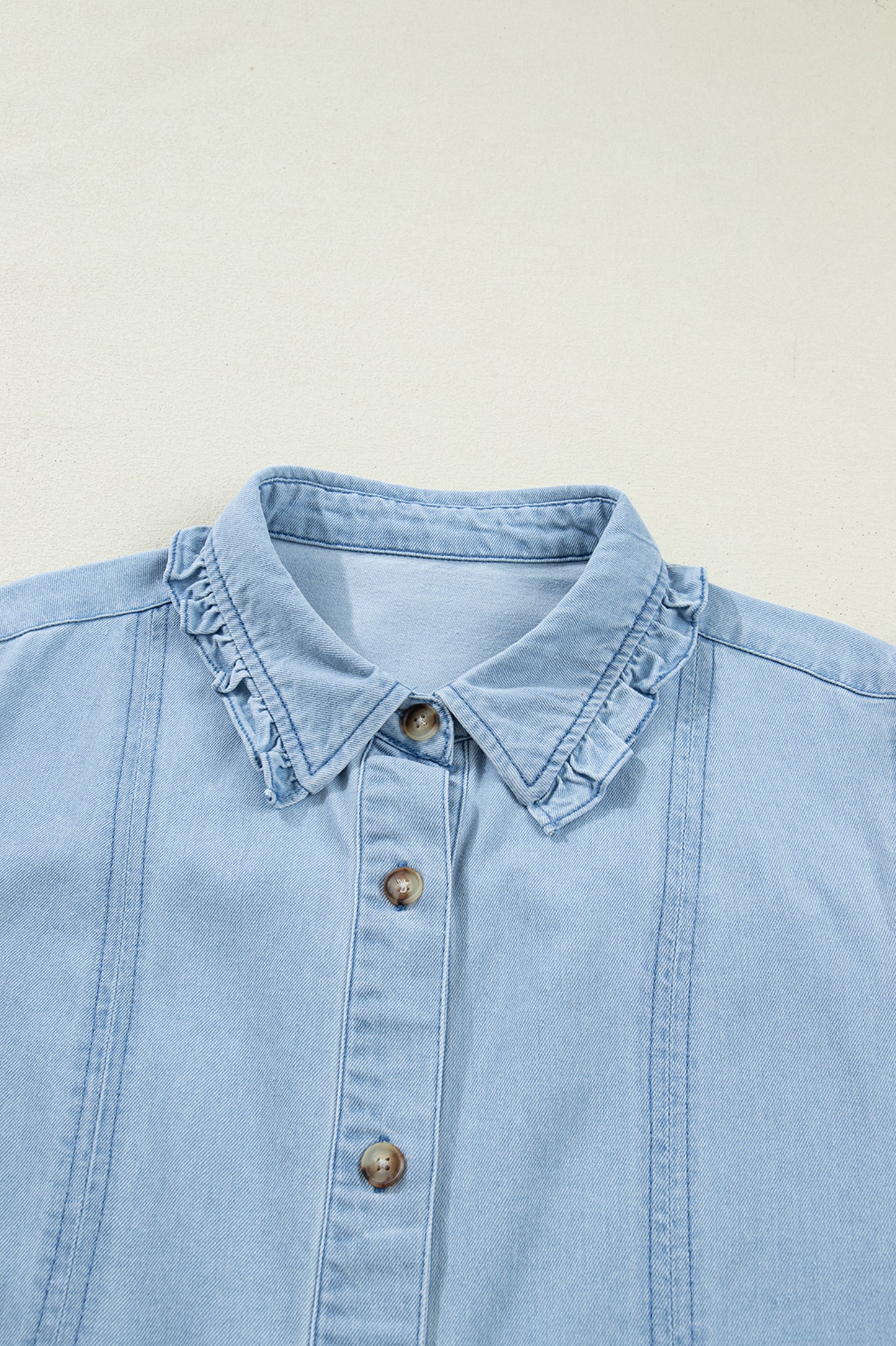 Sail Blue Ruffled Edge Collared Shift Denim Dress with Pockets