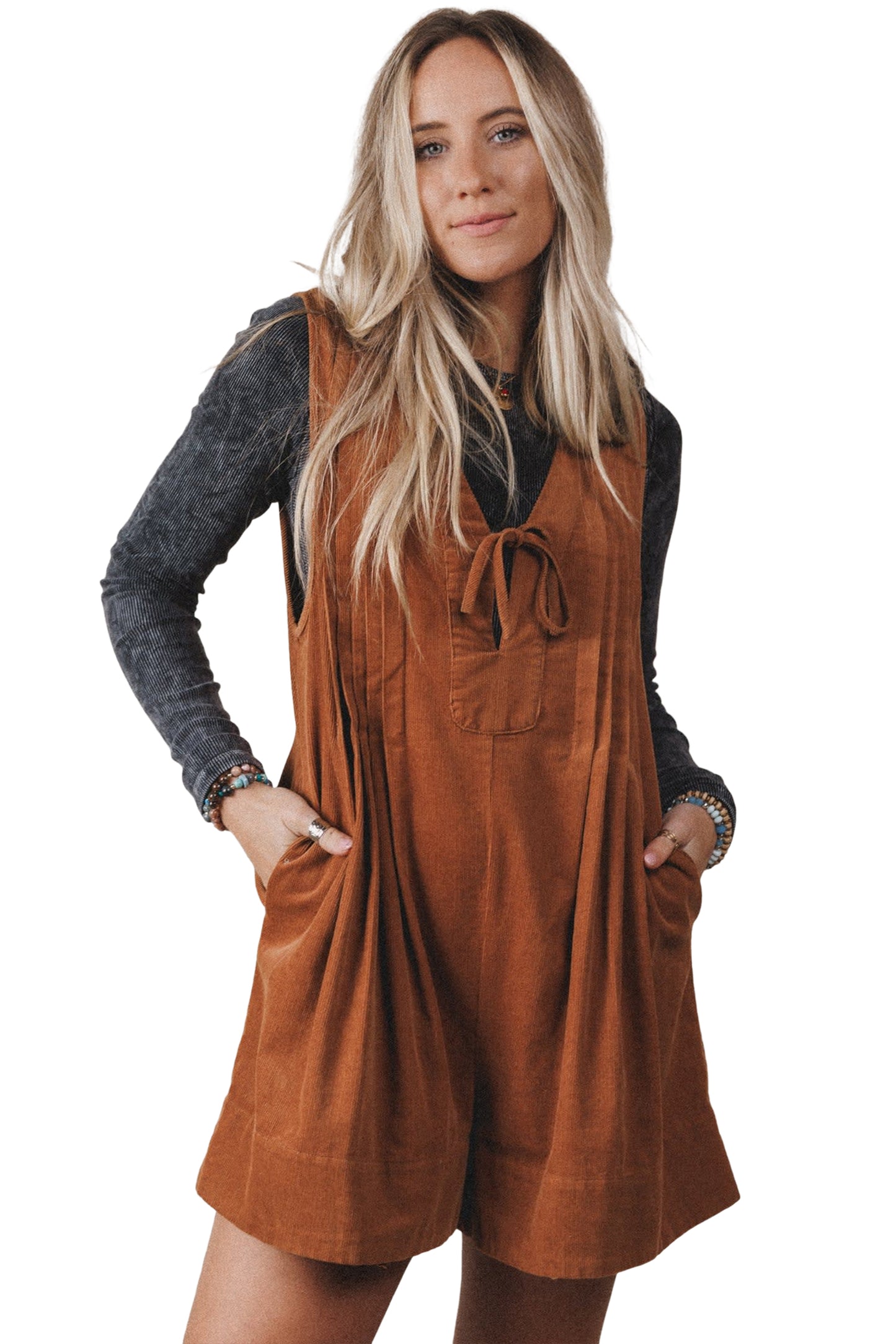 Cinnamon Solid Color Tie V Neck Sleeveless Corduroy Romper