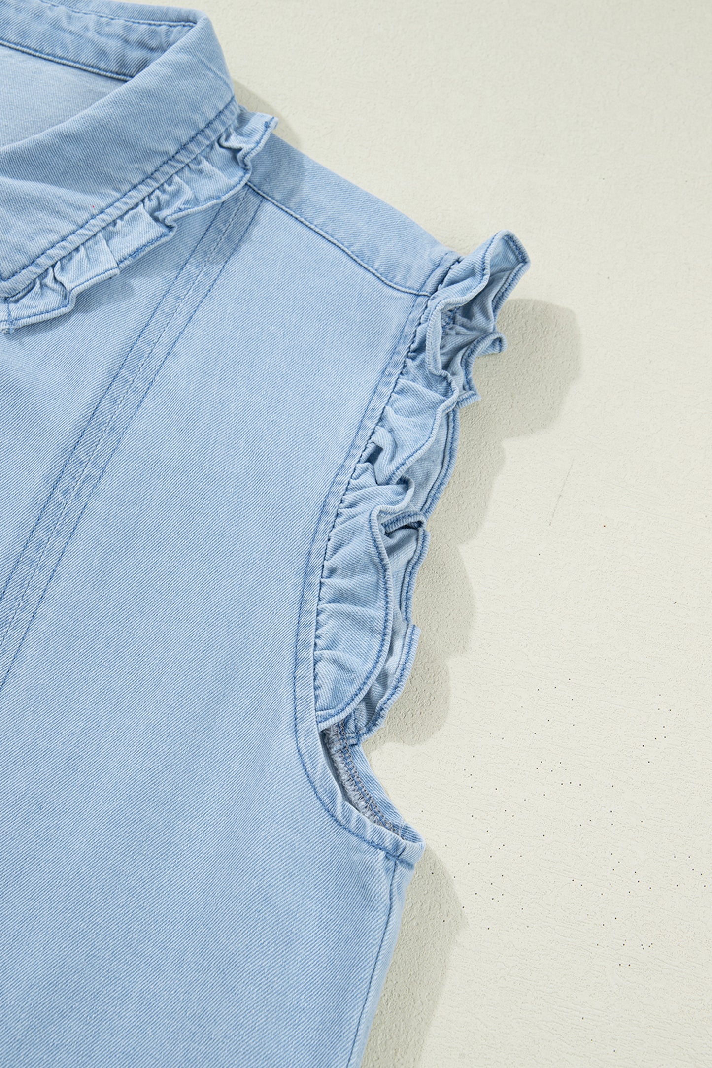 Sail Blue Ruffled Edge Collared Shift Denim Dress with Pockets