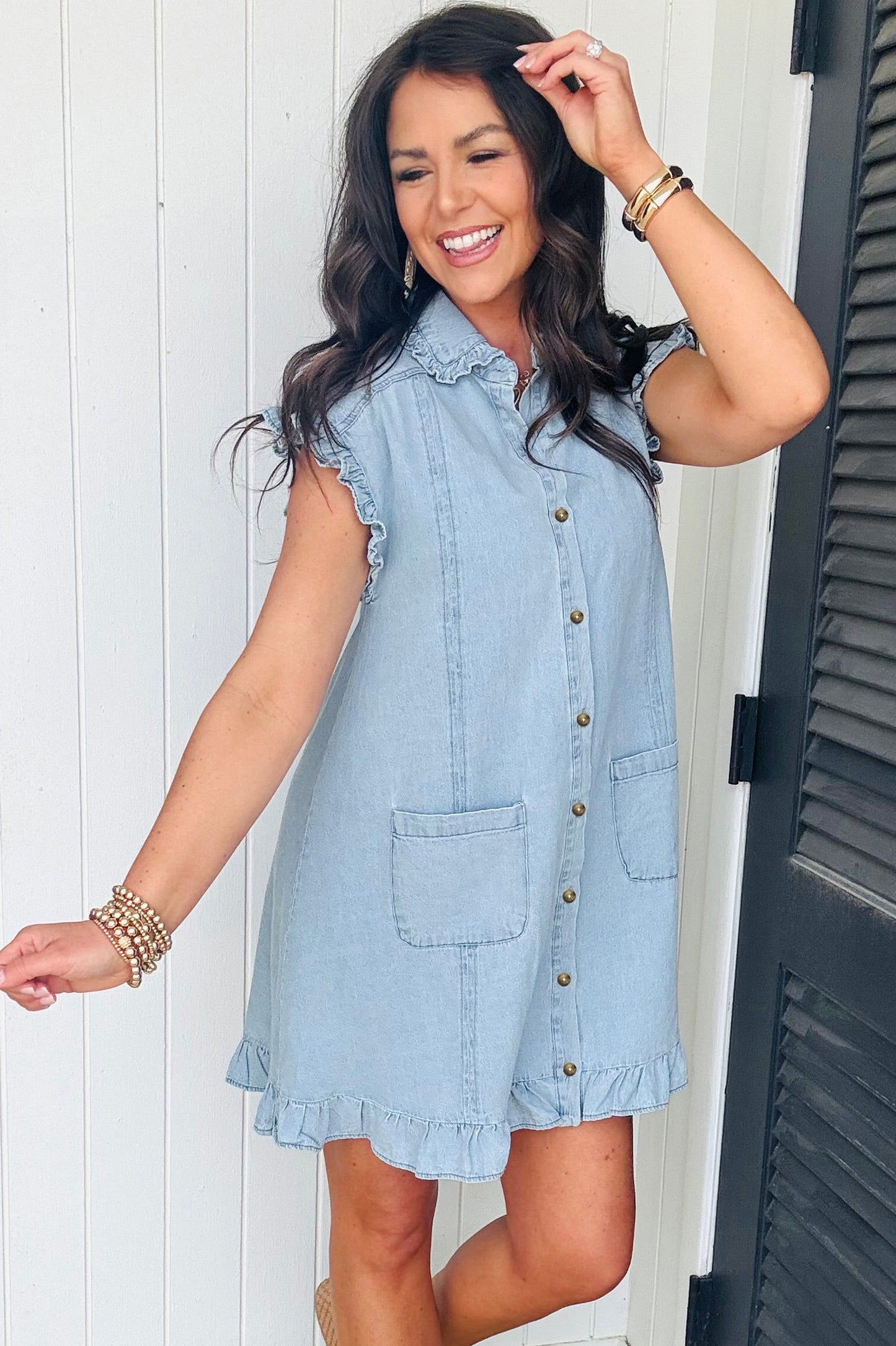 Sail Blue Ruffled Edge Collared Shift Denim Dress with Pockets