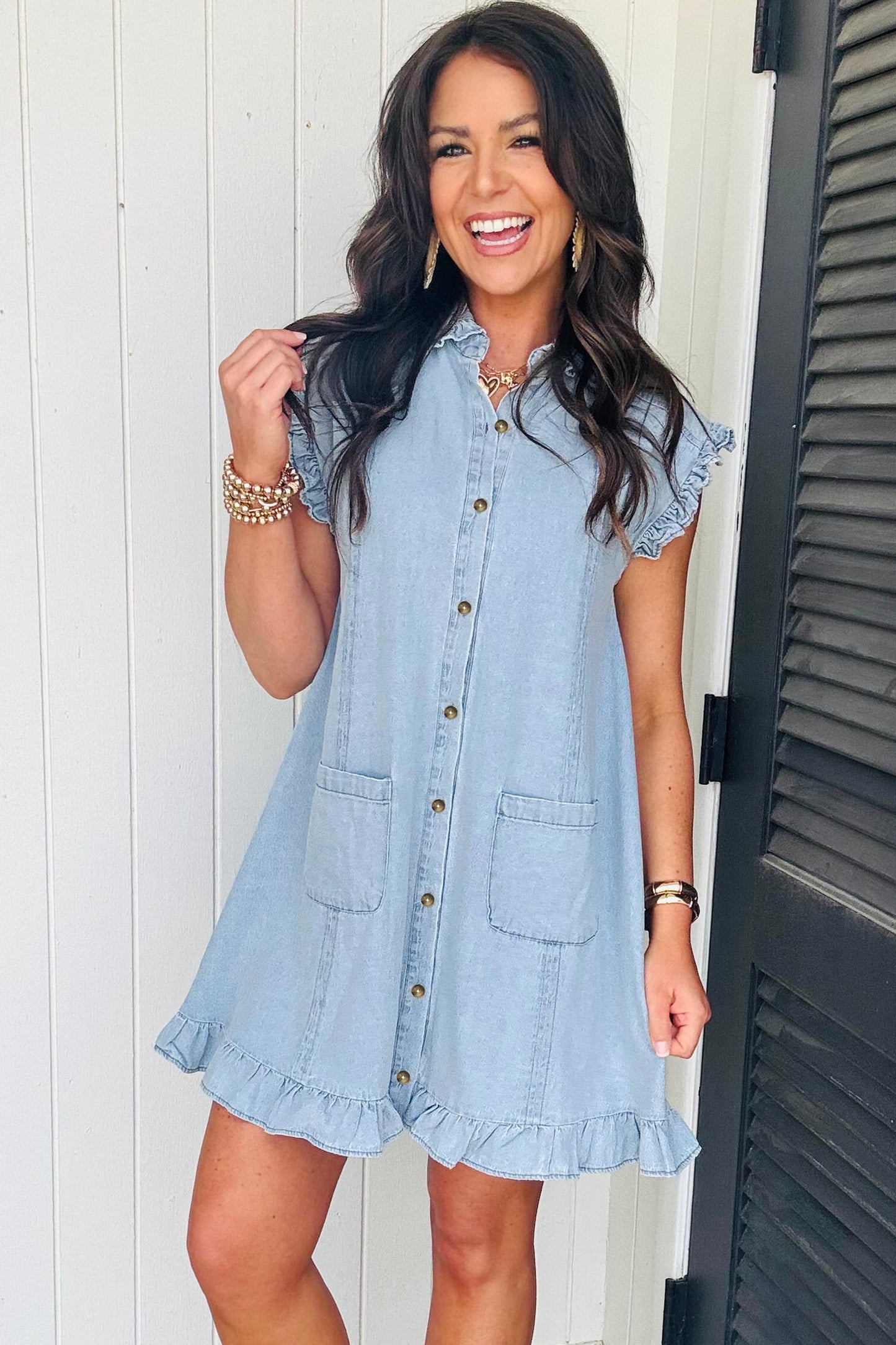 Sail Blue Ruffled Edge Collared Shift Denim Dress with Pockets