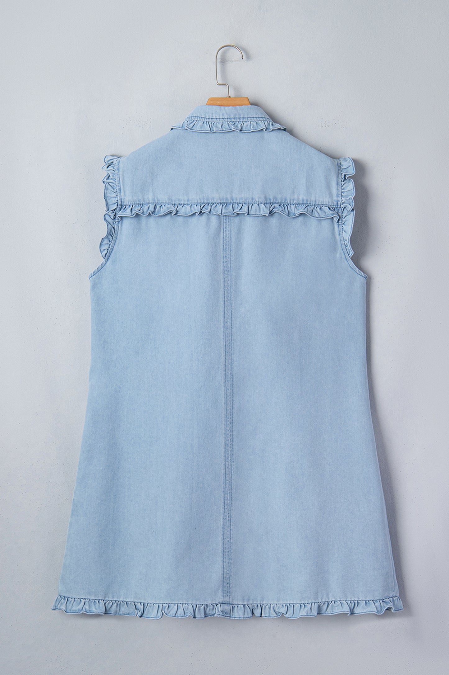 Sail Blue Ruffled Edge Collared Shift Denim Dress with Pockets
