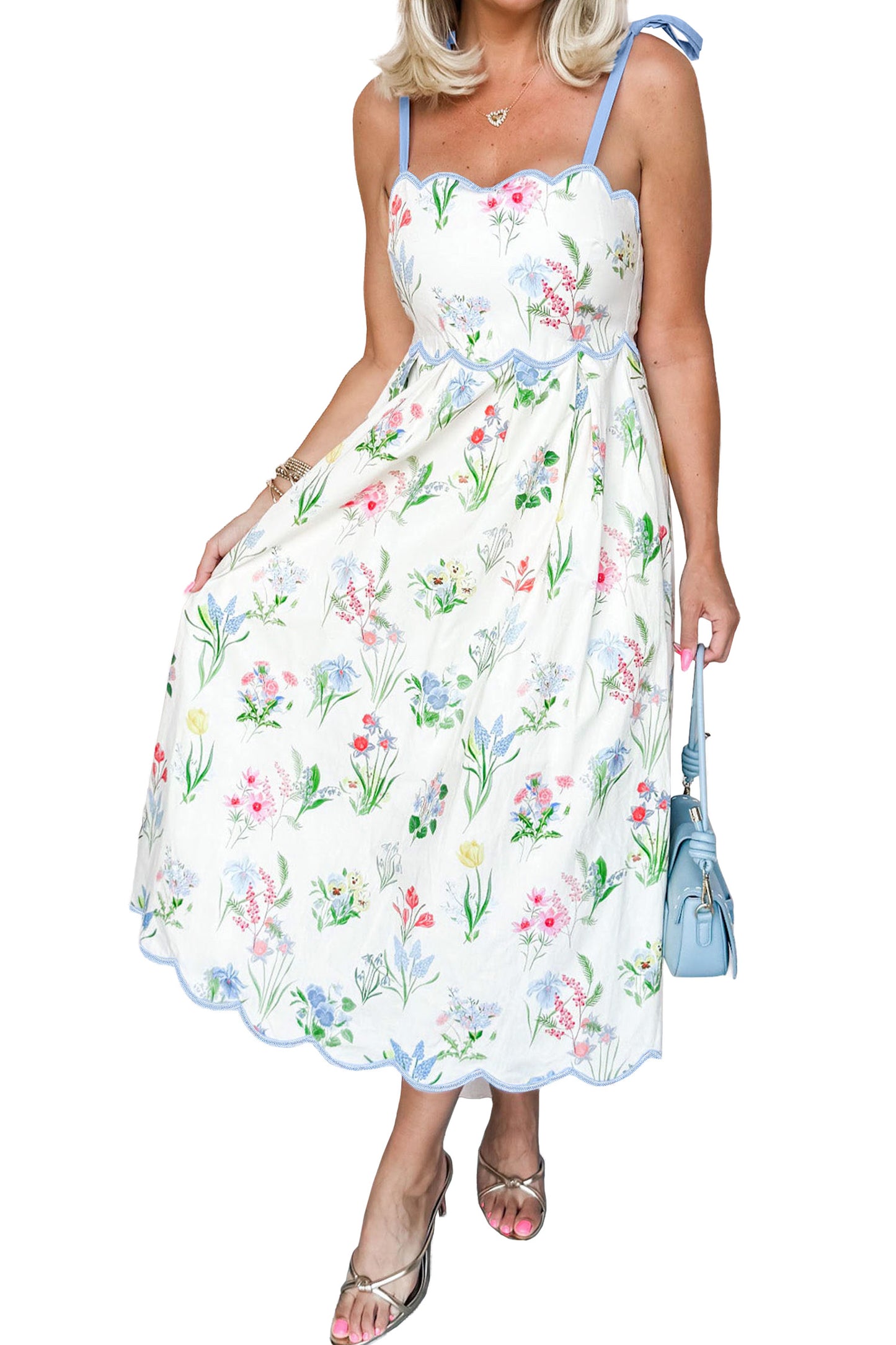 Yellow Floral Print Contrast Trim Self-tie Straps High Waist Midi Dress